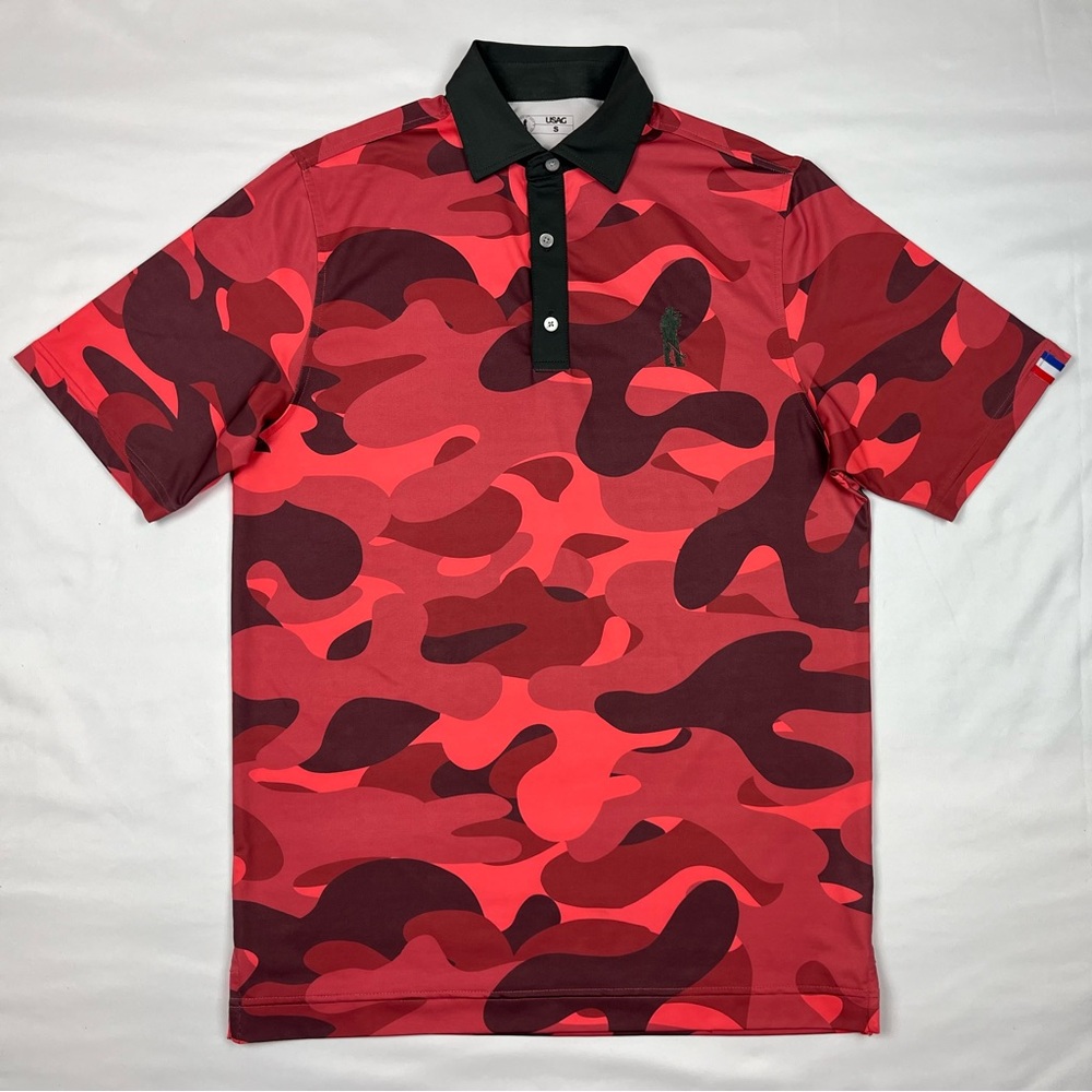 USAG U Suck At Golf Mens Polo Shirt Sz Small Camo Red/Grey Stretch B6